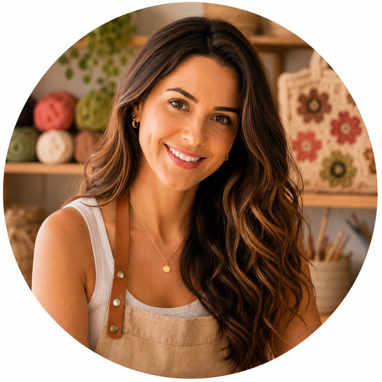 Sandra Regina sorrindo em seu ateliê de crochê